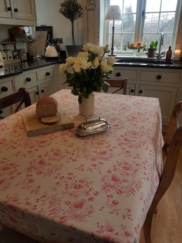 Provence Roses Tablecloth on Natural Linen by Rose and Foxgloves