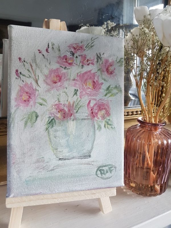 Ragged Roses In A Pot Minature Canvas Acrylic Painting