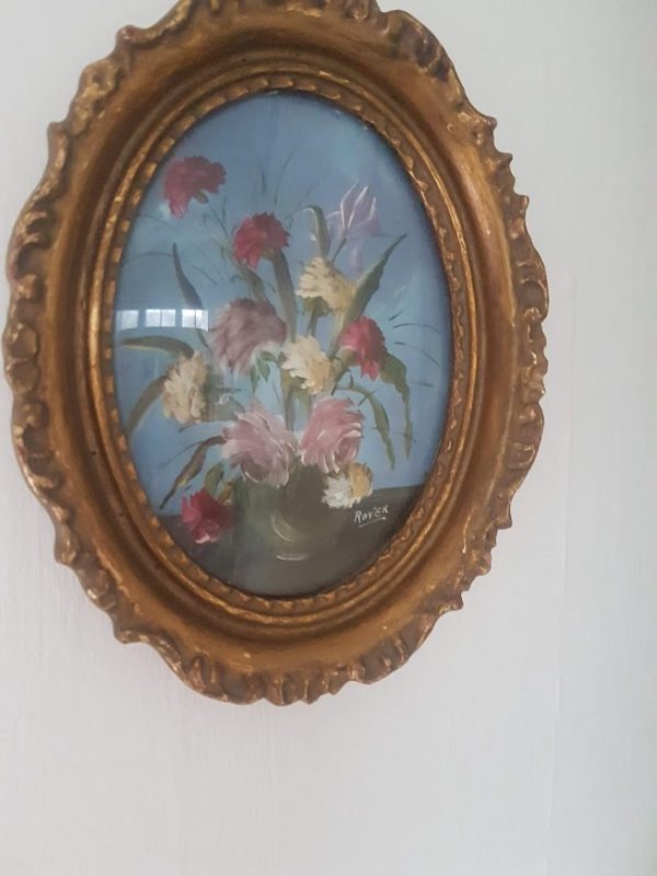 Small Antique Floral Roses Oil Painting Signed in an Ornate Oval Gold Frame Rose and Foxgloves Vintage and Antique Paintings