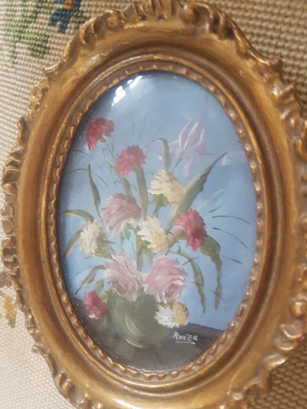 Small Antique Floral Roses Oil Painting Signed in an Ornate Oval Gold Frame Rose and Foxgloves Vintage and Antique Paintings