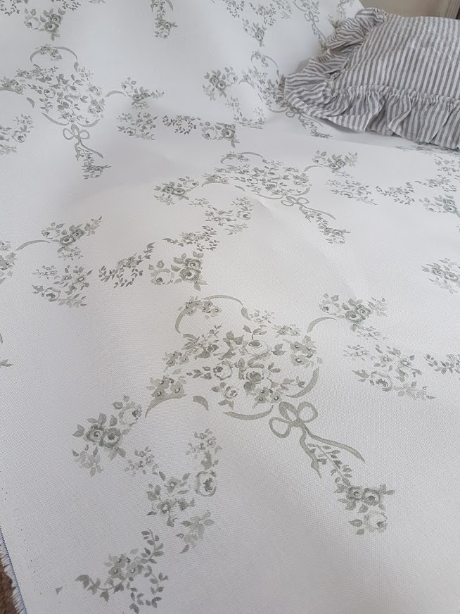 The Rose Garden in Granite and Dove Greys Vintage Style Linen Fabric Rose and Foxgloves
