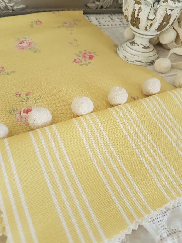Little Pink Roses on Lemon with Small Mattress stripes in Yellow by Rose and Foxgloves