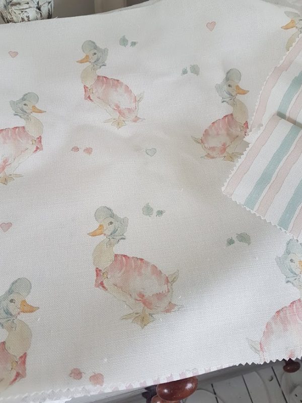 My Jemima Beatrix Potter Handdrawn striped Linen Fabric in soft pink and duck egg blue by Rose & Foxgloves