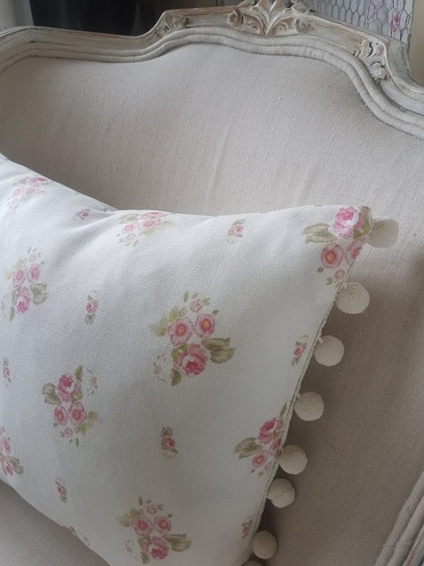Edelweiss and Chalk Polka Dots on Vintage Linen Bolster