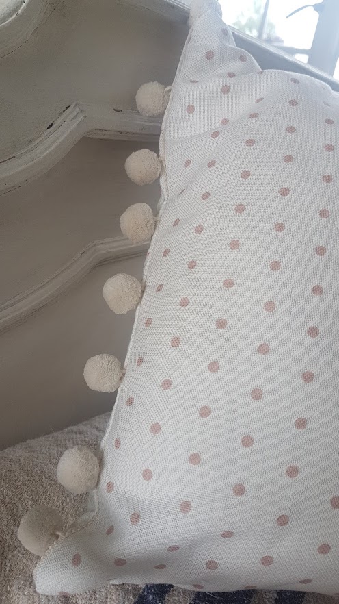 Edelweiss and Chalk Polka Dots on Vintage Linen Bolster