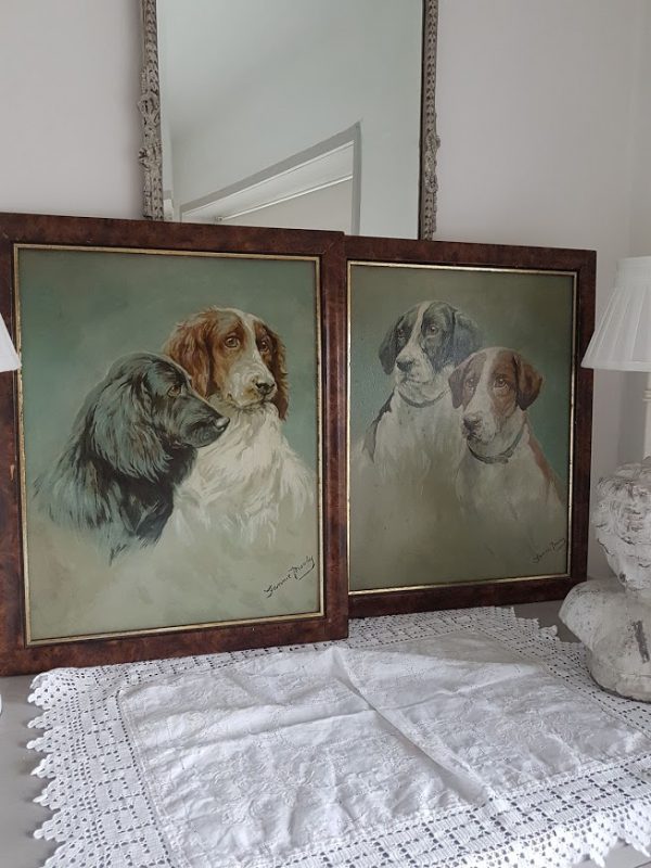 Vintage Pair of Framed Fannie Moody Dog Prints Rose and Foxgloves