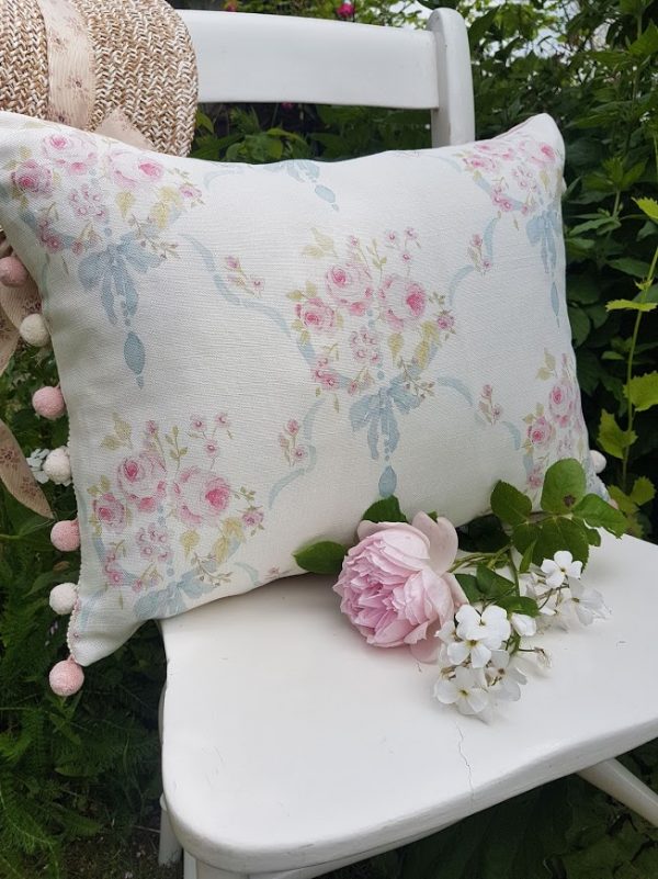 Aubusson Roses French Vintage Style bolster cushion with handloomed pompoms by Rose and Foxgloves
