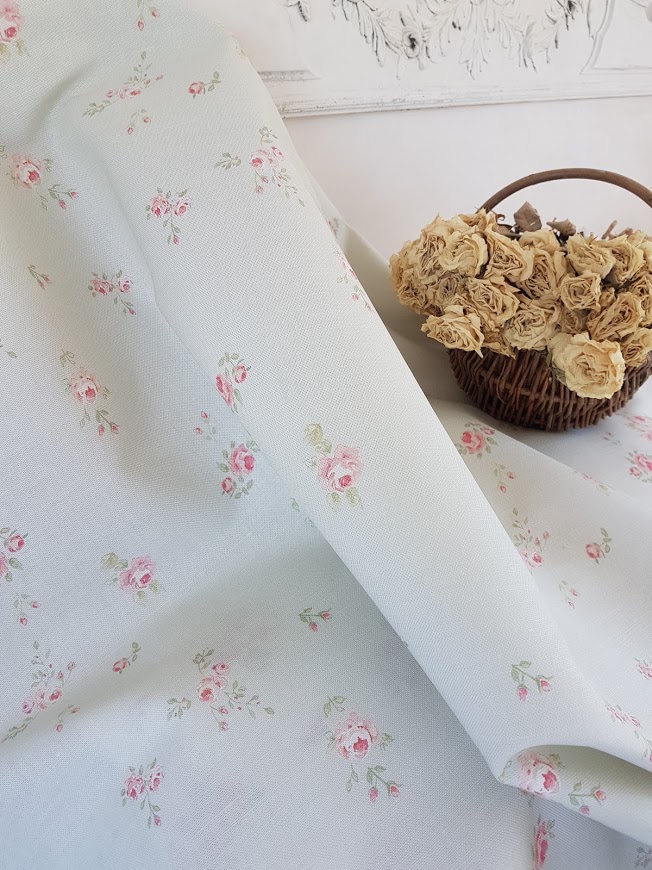 Little Pink Roses on whisper green linen by Rose and Foxgloves
