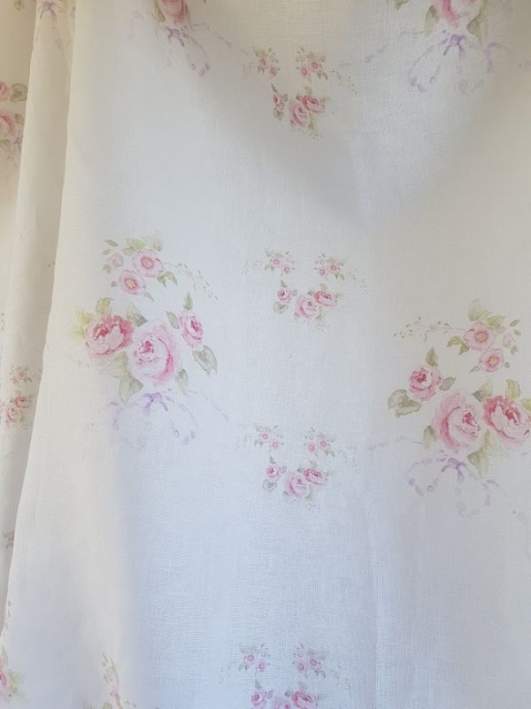 Rose and Bows On Pure white linen fabric Remnant by Rose and Foxgloves