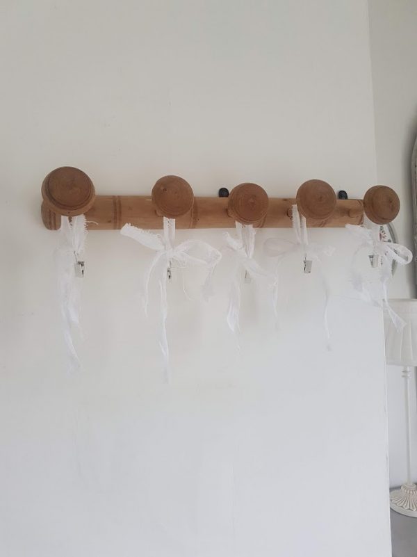 French Faux Bamboo Wooden Coat Rack. Five Hooks rose and foxgloves