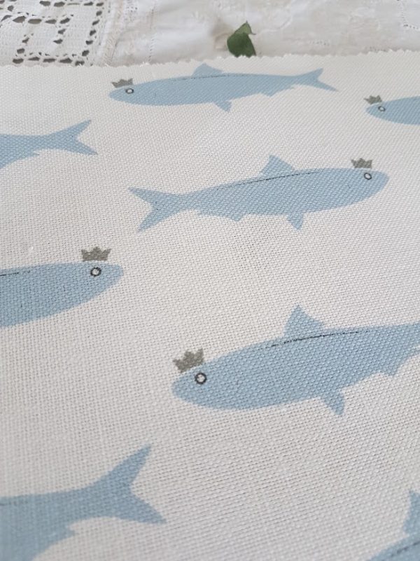 Ocean Blue Sardines in Crowns on Ivory Linen Fabric
