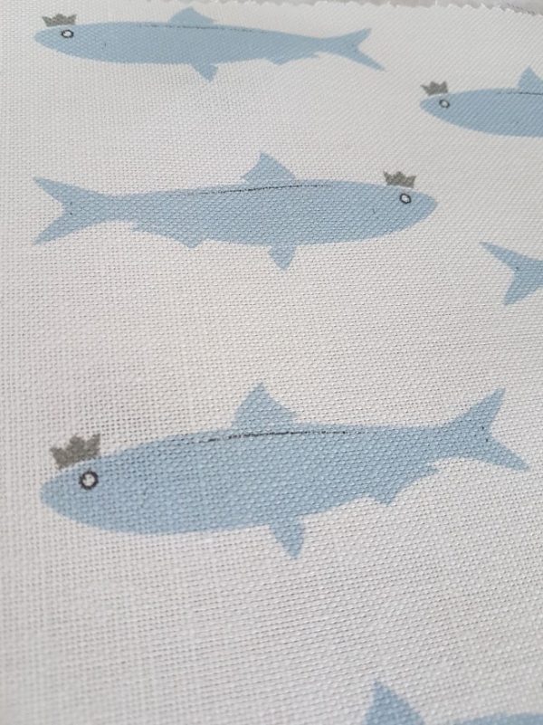 Ocean Blue Sardines in Crowns on Ivory Linen Fabric