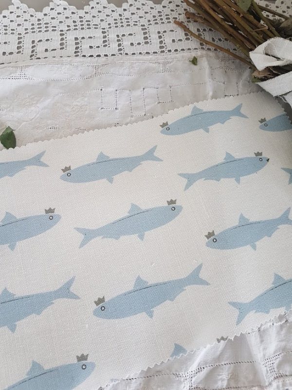 Ocean Blue Sardines in Crowns on Ivory Linen Fabric