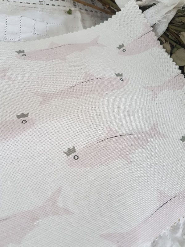 Pink Sardines in Crowns on Ivory Linen Fabric