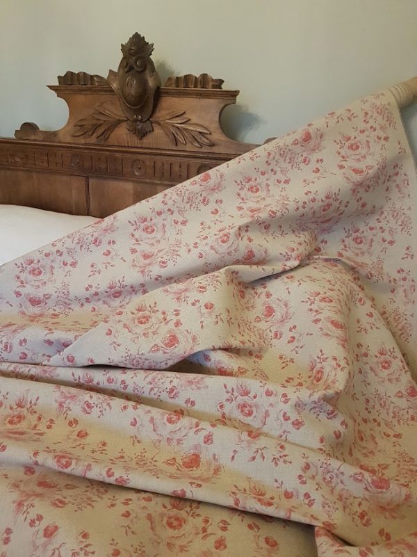 Provence faded red roses linen fabric by Rose and Foxgloves