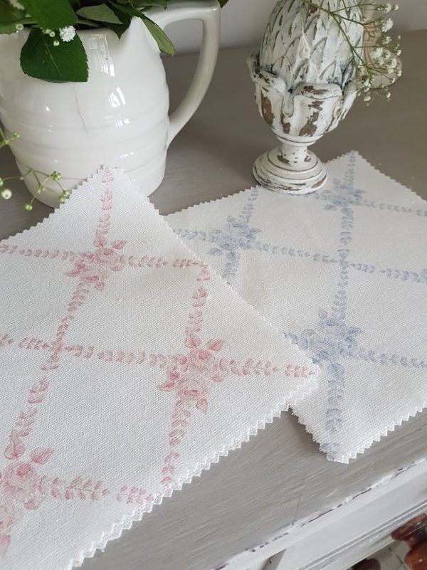 Antoinette Rose Trellis soft blue on ivory antique French design linen fabric