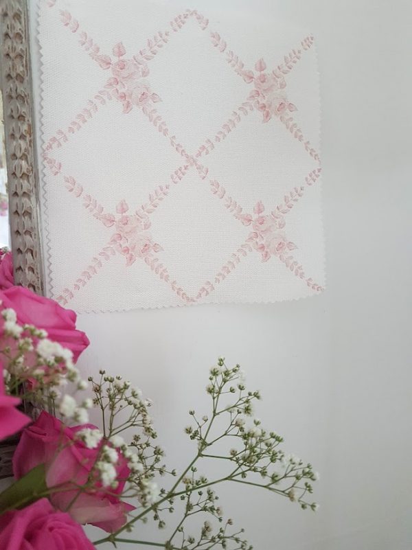 Antoinette Rose Trellis soft pink on ivory antique French design linen fabric