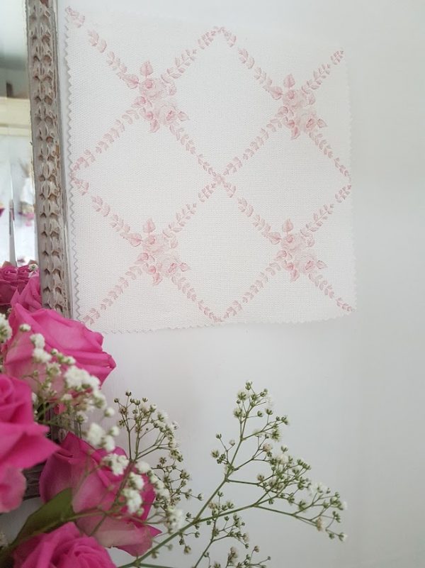 Antoinette Rose Trellis soft pink on ivory antique French design linen fabric