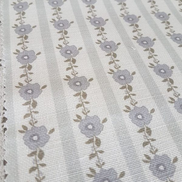 Little Flori, Stripes, and Daisies in Blue and Grey Linen Fabric
