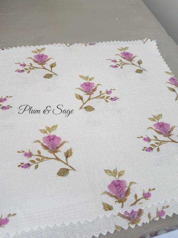 French Rosebud in Plum on Ivory linen Fabric