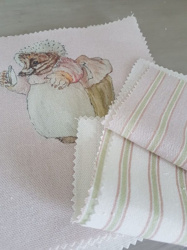Mrs. Tiggywinkle Handpainted Stripes on Pink Icing or Ivory Linen Fabric