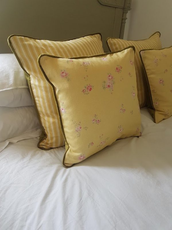 Little Pink Roses on Yellow Linen by Rose and Foxgloves