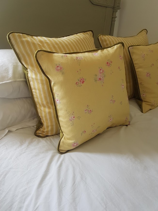 Little Pink Roses on Yellow Linen by Rose and Foxgloves