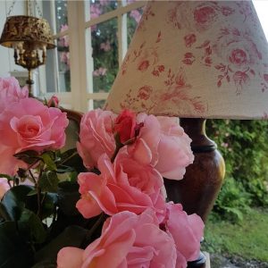 Provence Roses Faded Red Roses on a Natural Linen by Rose and Foxgloves