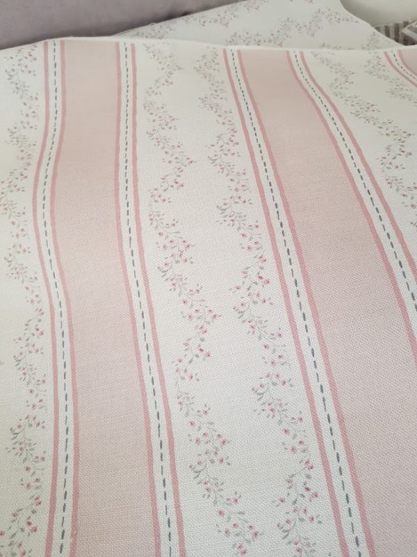 Dorrit Pink Stripes Linen Fabric in Grey and Pink on Ivory Linen