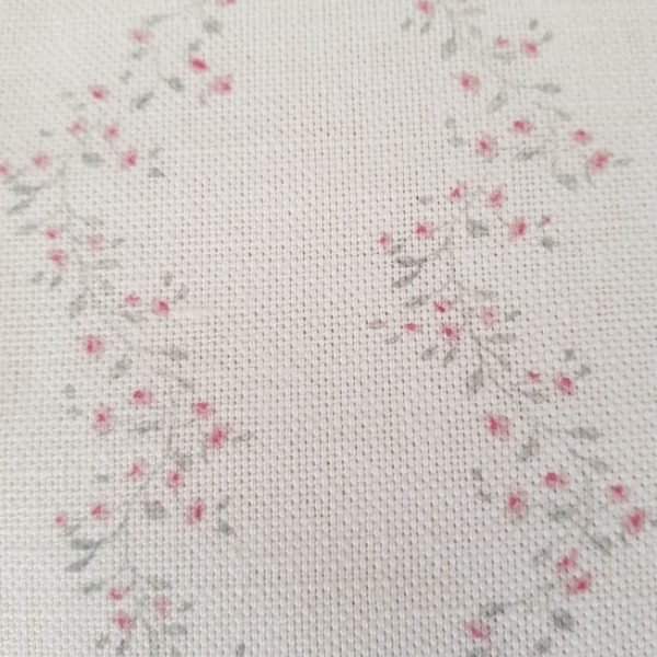 Dorrit Tiny Tumbling Roses Linen Fabric in Grey and Pink on Ivory Linen