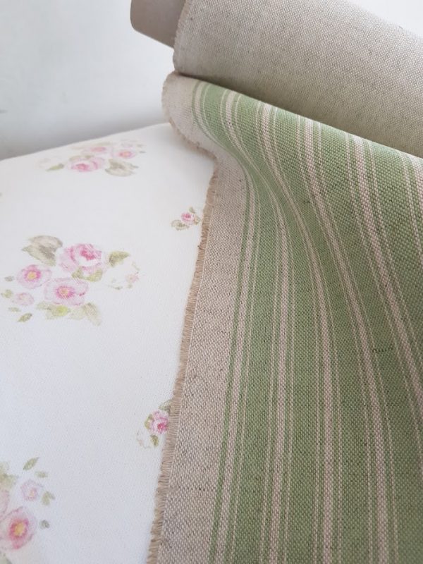 Spring Green ticking on Natural Linen Rose and Foxgloves