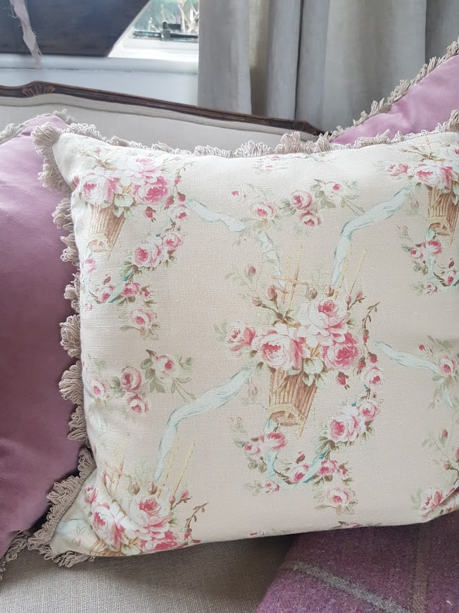 Felicite Parmetier French Antique Style Cushion -Peach Blushes and Old Peach Grainsack Reverse