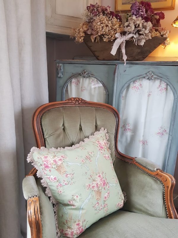 Felicite Parmetier French antique style cushions in sauge de la terre and cardomon green