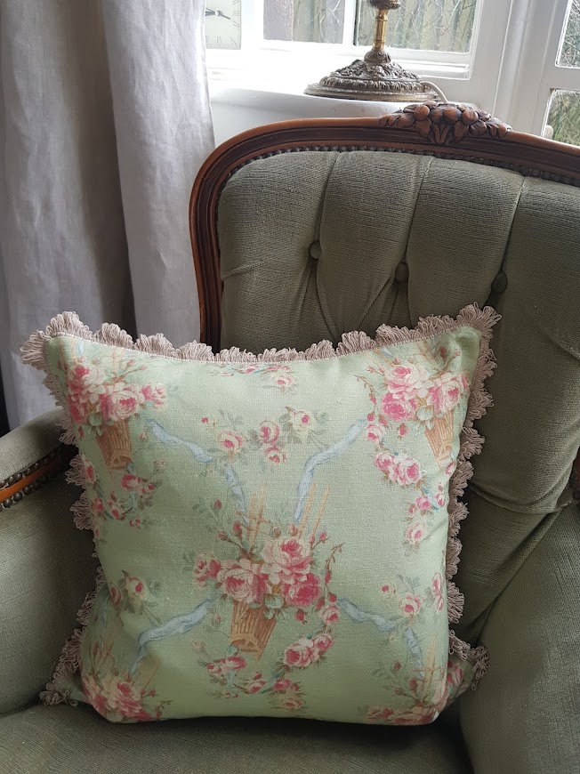 Felicite Parmetier French antique style cushions in sauge de la terre and cardomon green