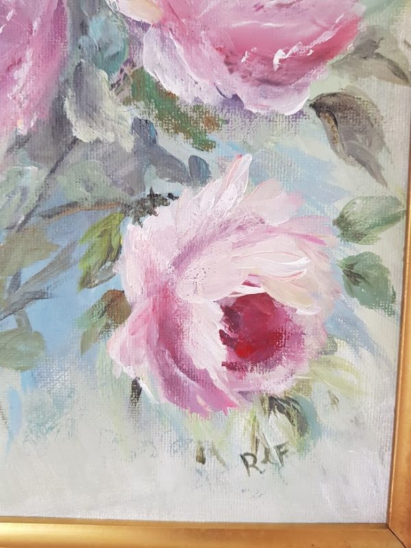 Roses by the lakeside original signed acrylic painting in a vintage ornate gold frame by rose and foxgloves