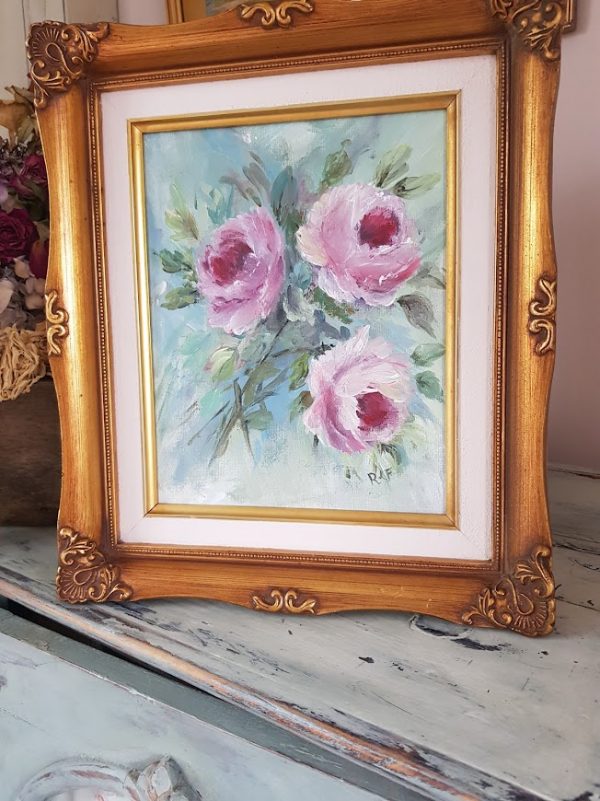 Roses by the lakeside original signed acrylic painting in a vintage ornate gold frame by rose and foxgloves