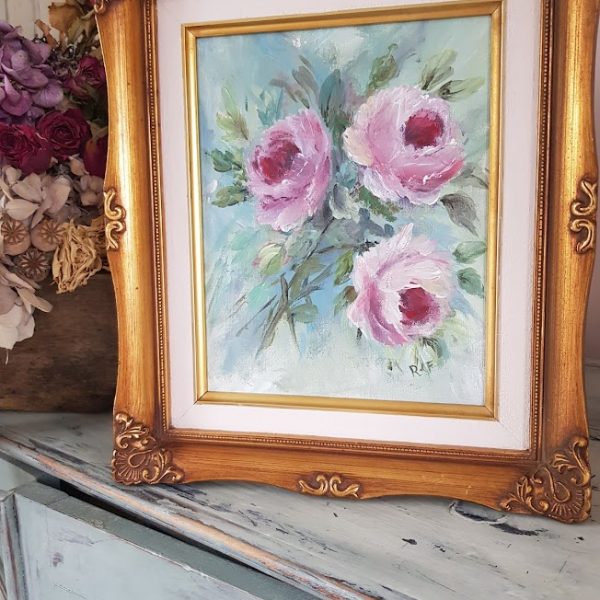 Roses by the lakeside original signed acrylic painting in a vintage ornate gold frame by rose and foxgloves-main