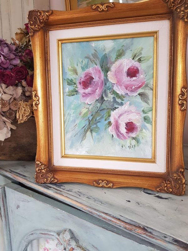 Roses by the lakeside original signed acrylic painting in a vintage ornate gold frame by rose and foxgloves-main