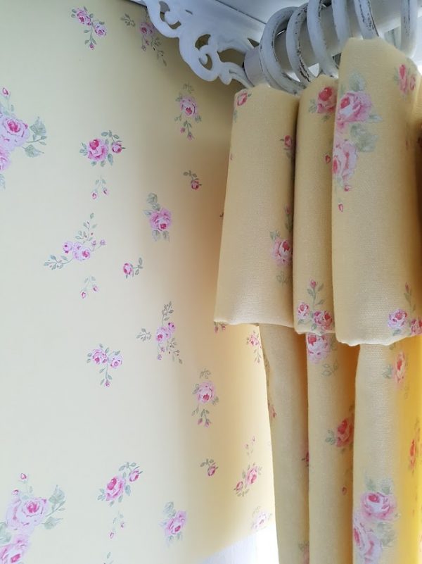 Little Pink roses on yellow wallpaper by rose and foxgloves vintage inspired wallpapers