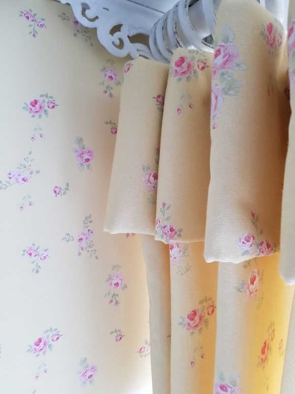 Little Pink roses on yellow wallpaper by rose and foxgloves vintage inspired wallpapers