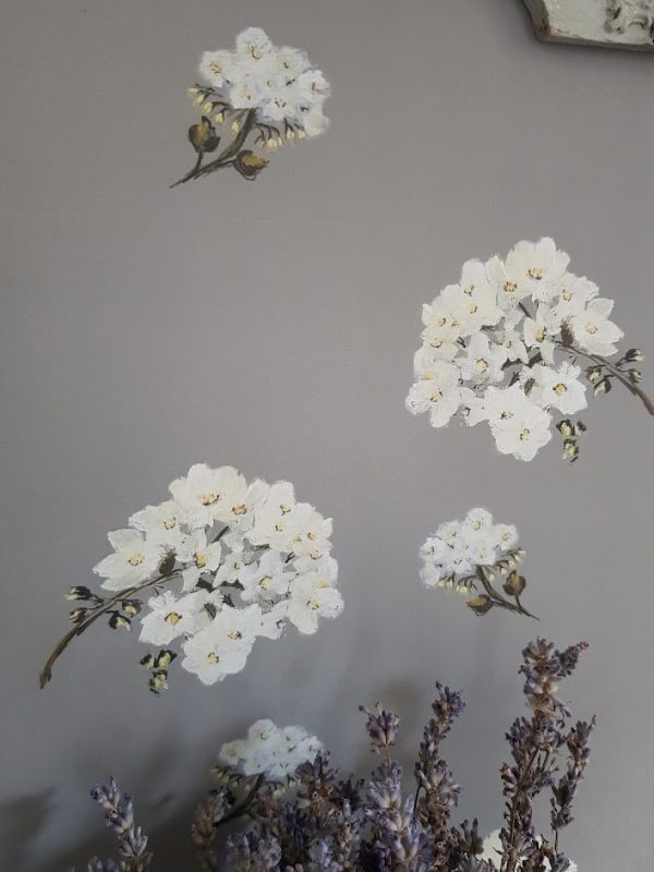 white hydrangeas on dark grey wallpaper