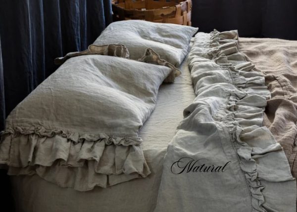 French Double Ruffle Natural Linen Bed Set