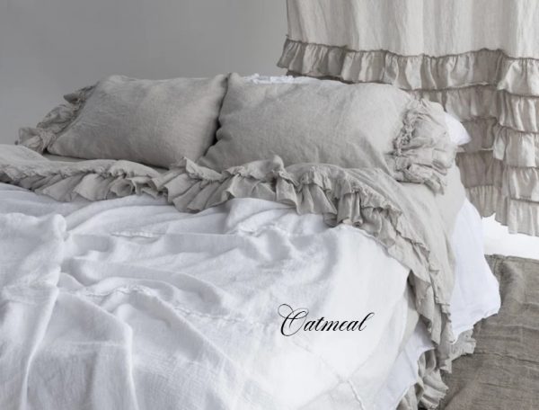 French Double Ruffle Oatmeal Linen Bed Set