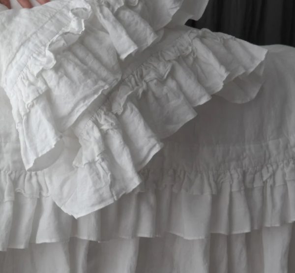 French Double Ruffle White Linen Duvet Rose and Foxgloves