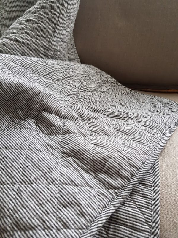 Scandi charcoal and white stripe quilted bed sofa throw
