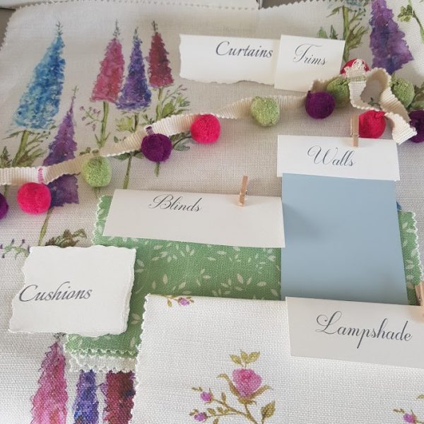 Watercolour delphiniums fabric room scheme ideas by Rose and Foxgloves