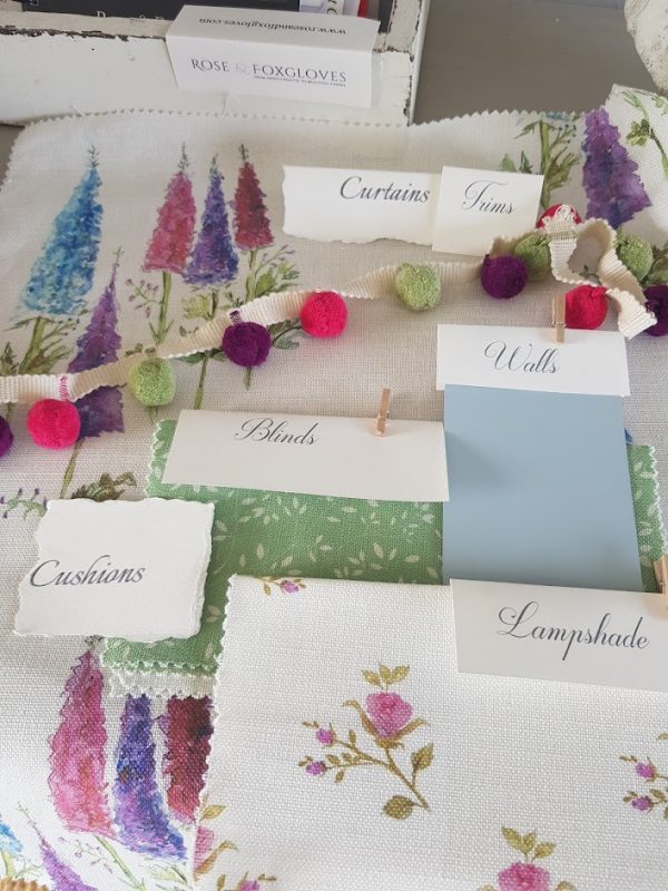 Watercolour delphiniums fabric room scheme ideas by Rose and Foxgloves