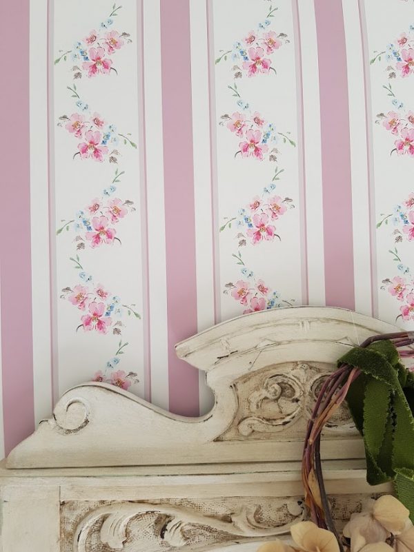 Blossoms Pink Stripes Vintage Style wallpaper by Rose and Foxgloves