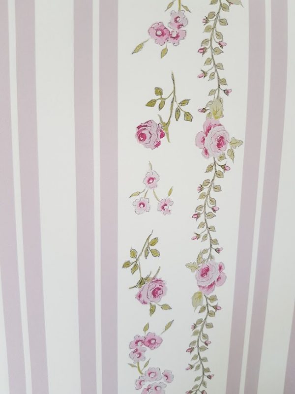 Clara Rose Floral Pink striped wallpaper in a vintage style, by rose and foxgloves