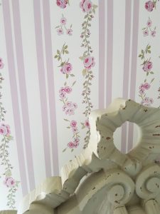 Clara Rose Floral Pink striped wallpaper in a vintage style, by rose and foxgloves